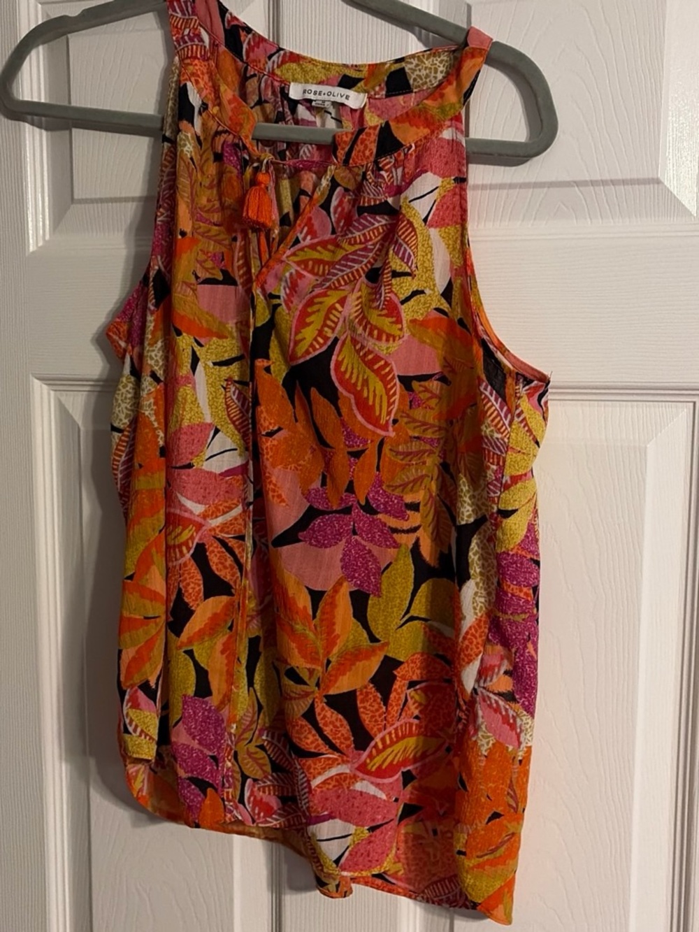 Rose & Olive Sleeveless Tropical Leaf Print Tank - Pink Orange Yellow Black